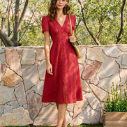 Red V Neck Embroidery Midi Dress