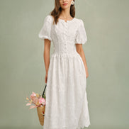 White Round Neck Floral Midi Dress