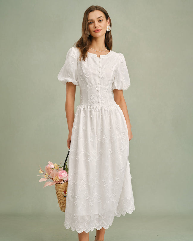 White Round Neck Floral Midi Dress