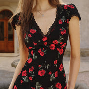 Black Floral V Neck Maxi Dress