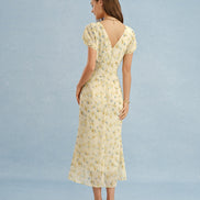 Yellow V Neck Lace Floral Maxi Dress