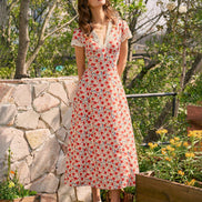 Red V Neck Lace Floral Maxi Dress
