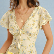 Yellow V Neck Lace Floral Maxi Dress