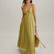 Green Ruched Slip Maxi Dress