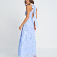 Blue Mock Neck Jacquard Maxi Dress