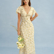 Yellow V Neck Lace Floral Maxi Dress