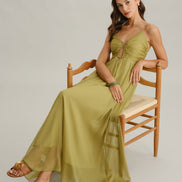 Green Ruched Slip Maxi Dress