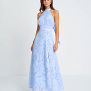 Blue Mock Neck Jacquard Maxi Dress