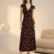 Black Floral V Neck Maxi Dress