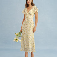 Yellow V Neck Lace Floral Maxi Dress