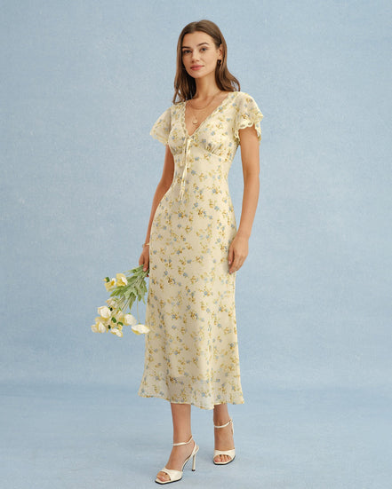 Yellow V Neck Lace Floral Maxi Dress