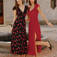 Black Floral V Neck Maxi Dress