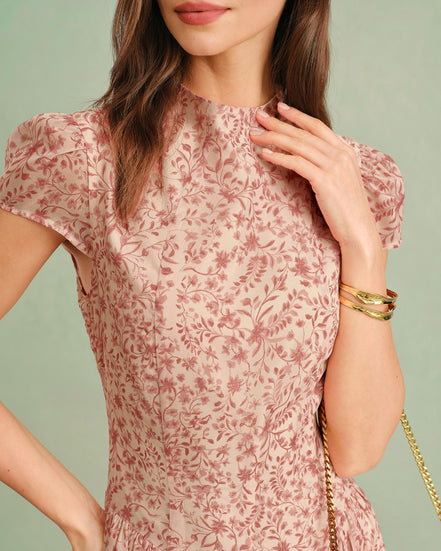 Pink Mock Neck Floral Maxi Dress