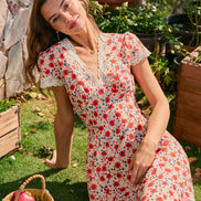 Red V Neck Lace Floral Maxi Dress