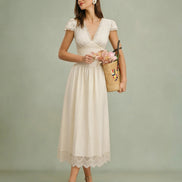 Apricot V Neck Lace Maxi Dress