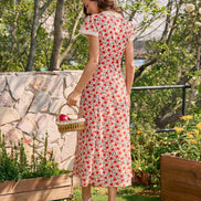 Red V Neck Lace Floral Maxi Dress