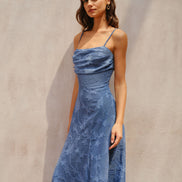 Blue Jacquard Ruched Slip Maxi Dress