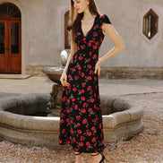 Black Floral V Neck Maxi Dress