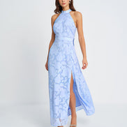 Blue Mock Neck Jacquard Maxi Dress