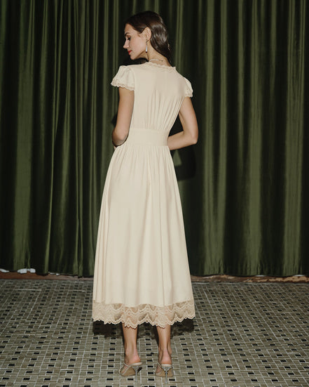Apricot V Neck Lace Maxi Dress