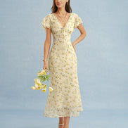 Yellow V Neck Lace Floral Maxi Dress