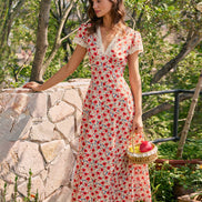 Red V Neck Lace Floral Maxi Dress
