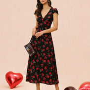 Black Floral V Neck Maxi Dress
