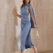 Blue One Shoulder A-Line Satin Maxi Dress