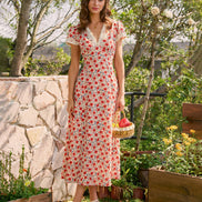 Red V Neck Lace Floral Maxi Dress