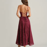Wine Red Jacquard Slip Maxi Dress