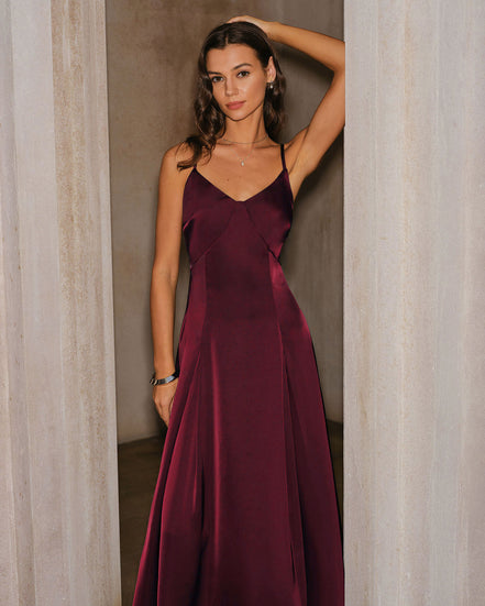 Wine Red Satin A-Line Slip Maxi Dress