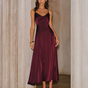Wine Red Satin A-Line Slip Maxi Dress
