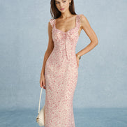 Pink V Neck Tie Ruffle Midi Dress
