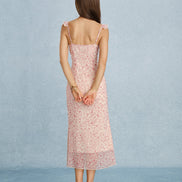 Pink V Neck Tie Ruffle Midi Dress