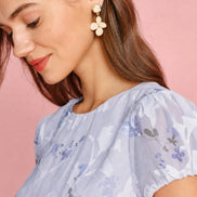 Purple Puffed Sleeve Jacquard Midi Dress