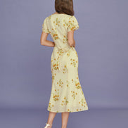 Yellow V Neck Floral Mermaid Midi Dress