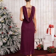 Wine Red Boat Neck Backless Midi Dress