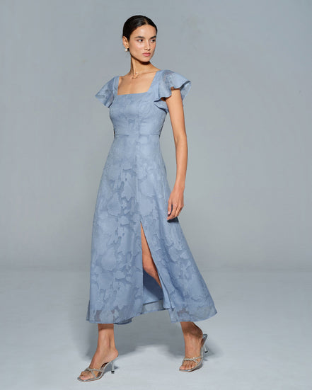 Blue Floral Square Neck Midi Dress