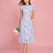 Purple Puffed Sleeve Jacquard Midi Dress