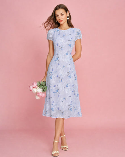 Purple Puffed Sleeve Jacquard Midi Dress
