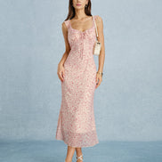 Pink V Neck Tie Ruffle Midi Dress
