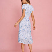 Purple Puffed Sleeve Jacquard Midi Dress