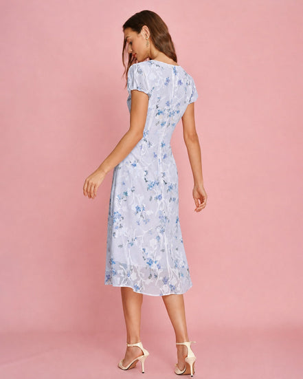 Purple Puffed Sleeve Jacquard Midi Dress
