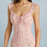 Pink V Neck Tie Ruffle Midi Dress
