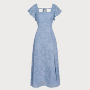 Blue Floral Square Neck Midi Dress