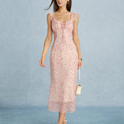 Pink V Neck Tie Ruffle Midi Dress