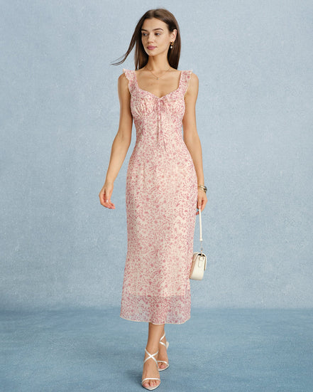 Pink V Neck Tie Ruffle Midi Dress