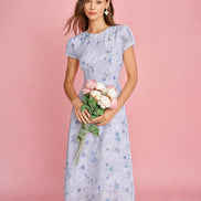 Purple Puffed Sleeve Jacquard Midi Dress