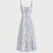Blue Floral Ruched Slip Midi Dress