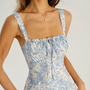 Blue Floral Ruched Slip Midi Dress